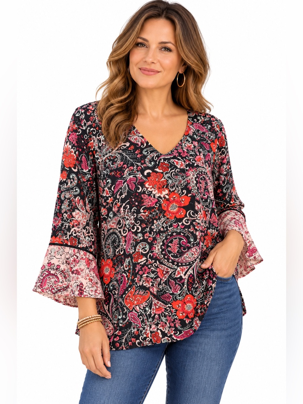 𝙅. 𝙅𝙞𝙡𝙡 Paisley Floral Blouse Large Bell Sleeve V Neck Boho Tunic Top